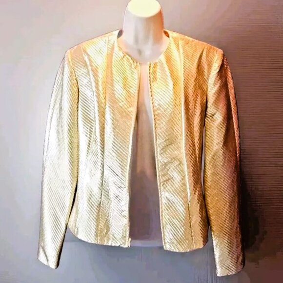 Vintage Farinae Collections Gold Pleated Full Zip Blazer Jacket Size 8 Evening - Picture 3 of 7